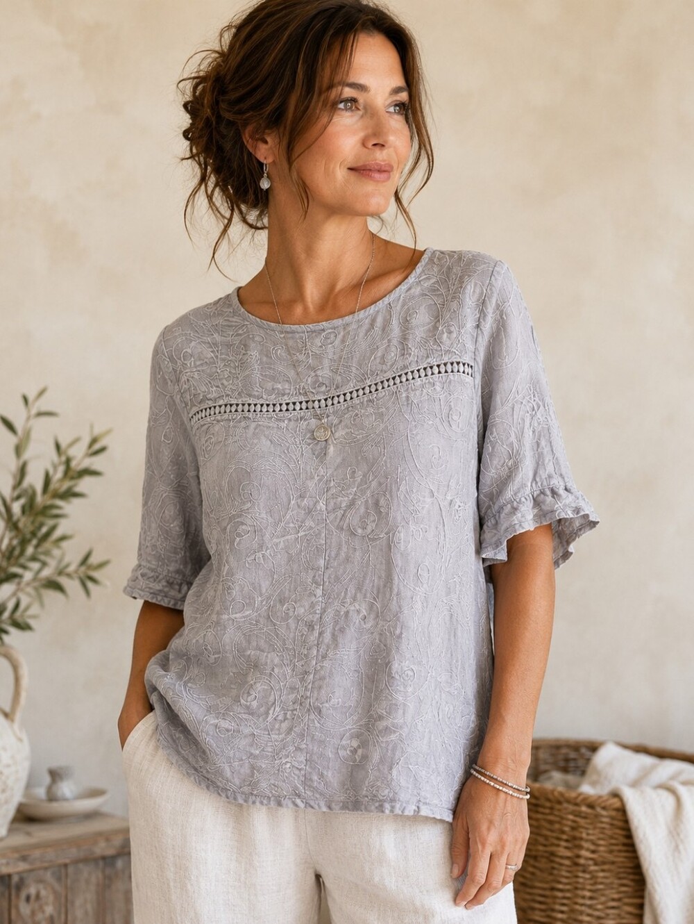 Francesca Bettini Italy Linen Embroidered Top Gray Boho Cottagecore S
